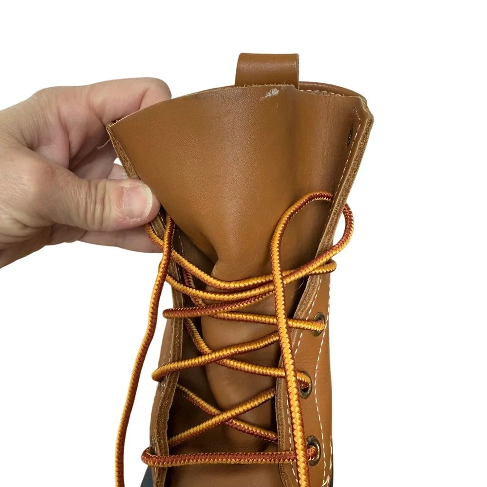 LL Bean Boots Tan Navy Blue‎ Leather Rubber Waterproof Duck Boots 6M Narrow USA